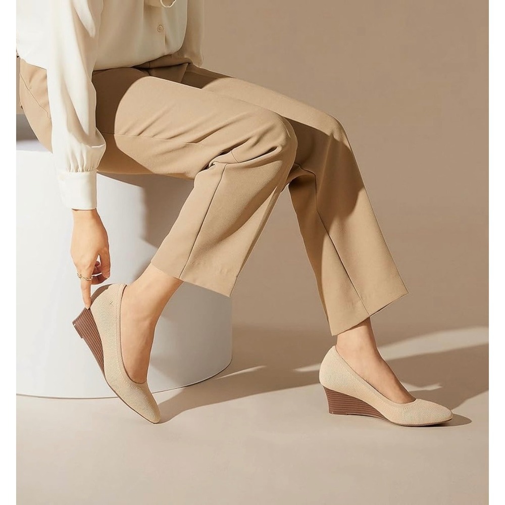 VIVAIA Womens Beige Knit Wedge Heel Pumps Comfortable Slip On Shoes US/10